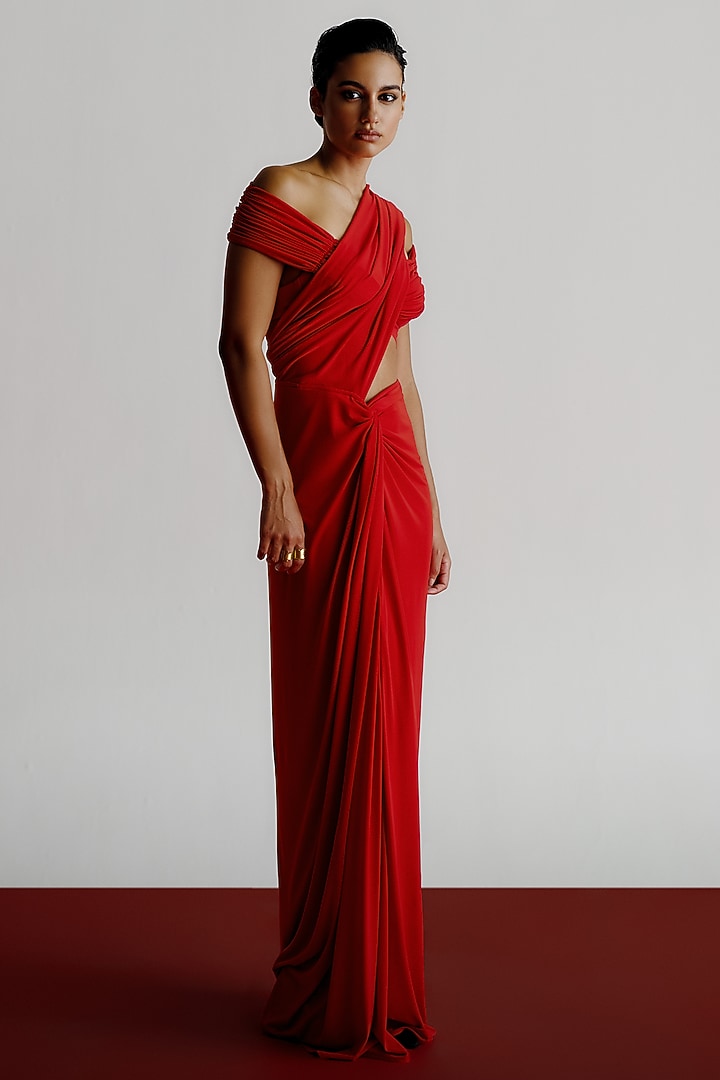 Red Korean Jersey Off-Shoulder Blouse by 431-88 By Shweta Kapur at Pernia's Pop Up Shop