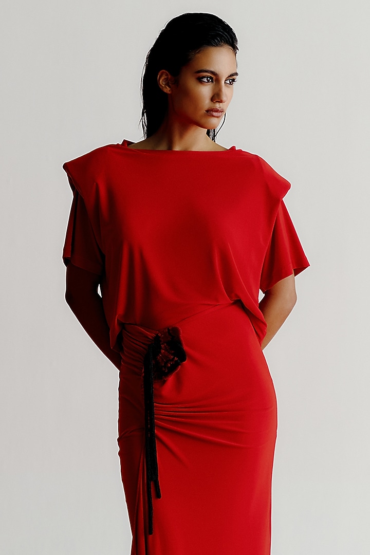 Red Korean Jersey Boxy-Fit T-Shirt by 431-88 By Shweta Kapur at Pernia's Pop Up Shop