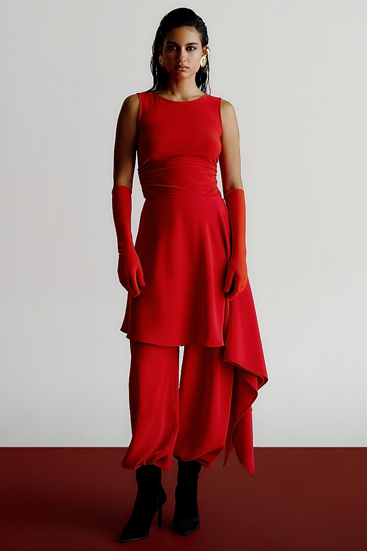 Red Korean Jersey Fitted T-Shirt by 431-88 By Shweta Kapur at Pernia's Pop Up Shop