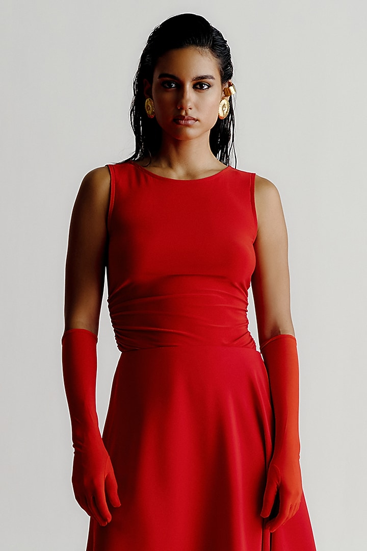 Red Korean Jersey Fitted T-Shirt by 431-88 By Shweta Kapur at Pernia's Pop Up Shop