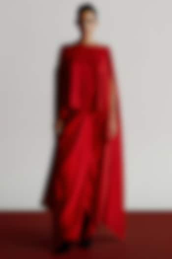 Red Dupion Cape by 431-88 By Shweta Kapur at Pernia's Pop Up Shop