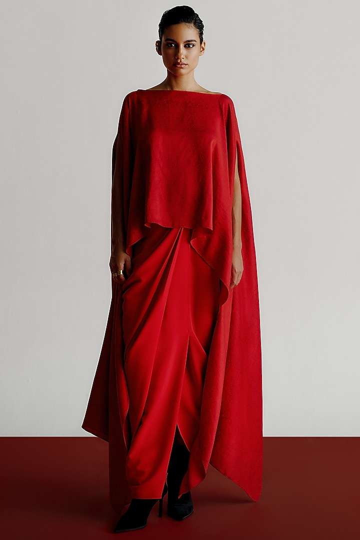 Red Dupion Cape by 431-88 By Shweta Kapur at Pernia's Pop Up Shop