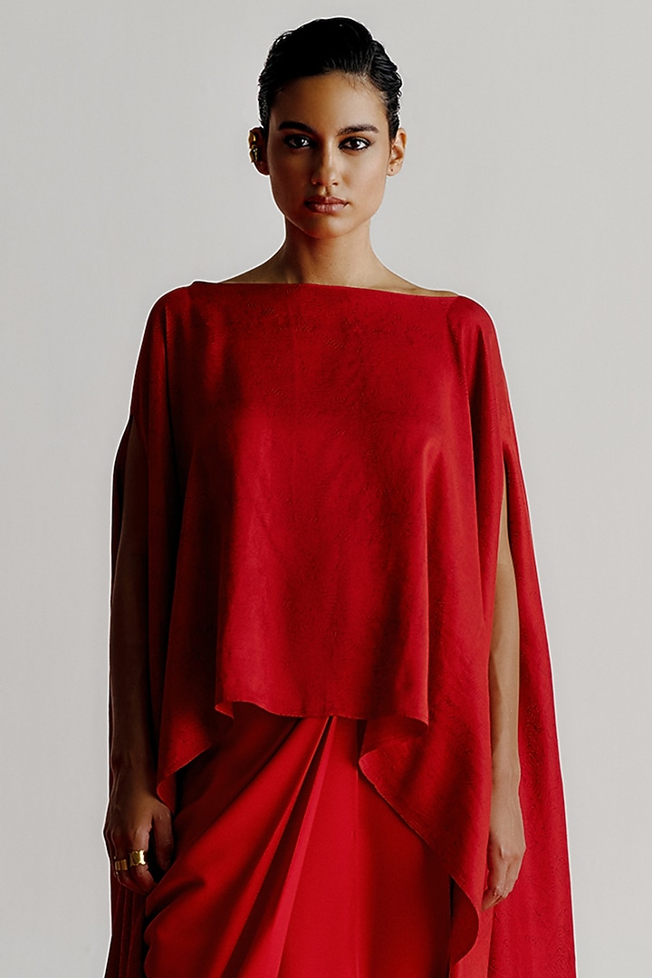 Red Dupion Cape by 431-88 By Shweta Kapur at Pernia's Pop Up Shop
