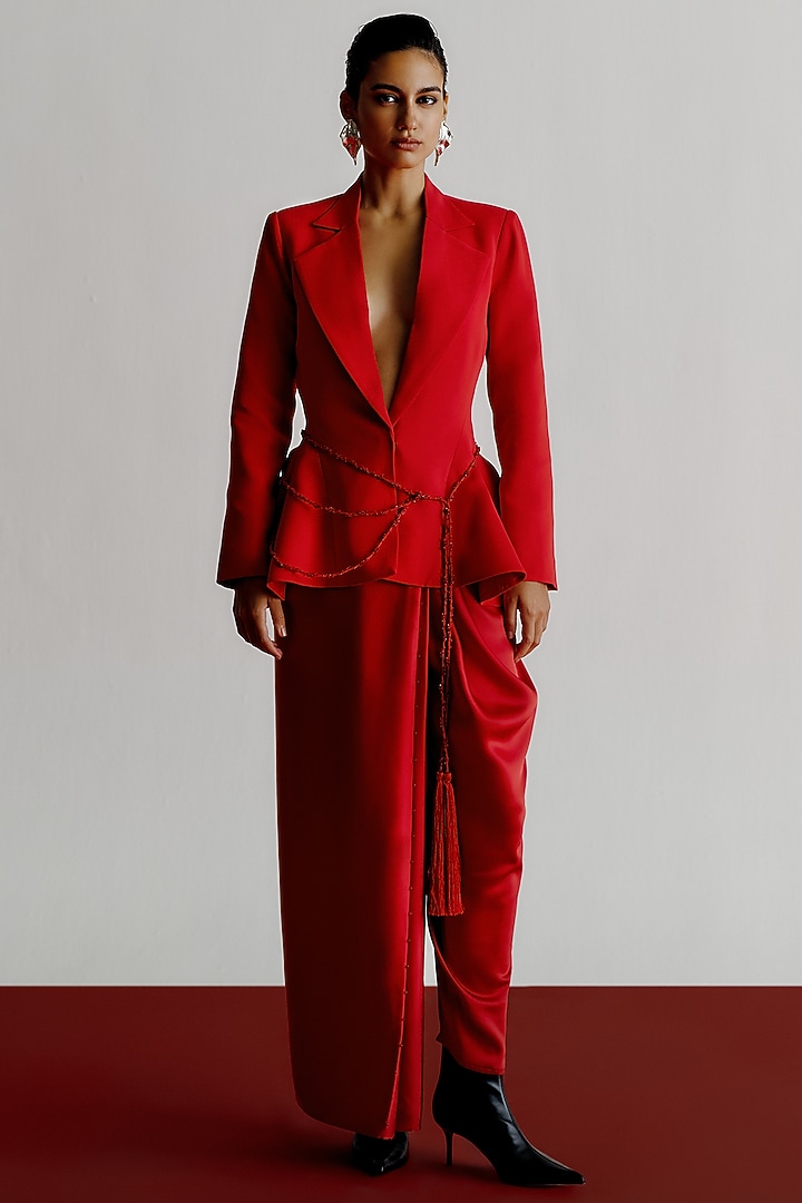 Red Race Crepe Structured Blazer by 431-88 By Shweta Kapur at Pernia's Pop Up Shop