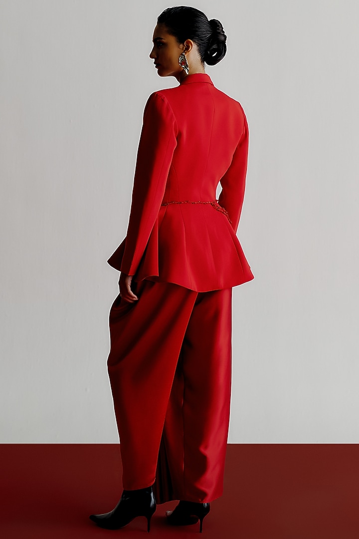 Red Race Crepe Structured Blazer by 431-88 By Shweta Kapur at Pernia's Pop Up Shop