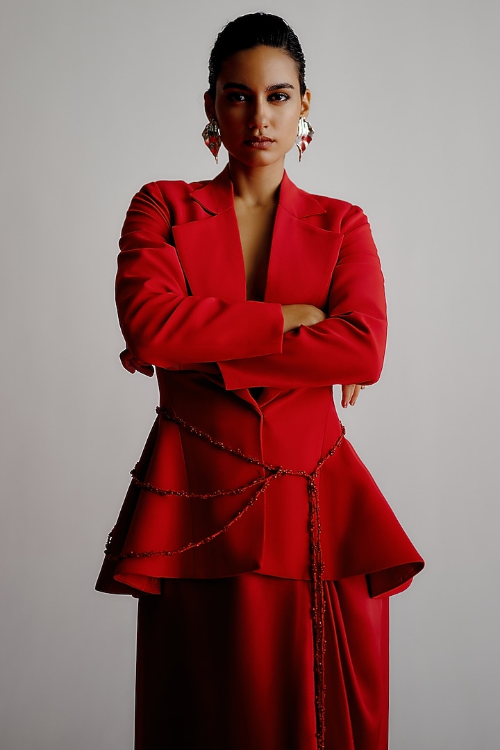 Red Race Crepe Structured Blazer by 431-88 By Shweta Kapur at Pernia's Pop Up Shop