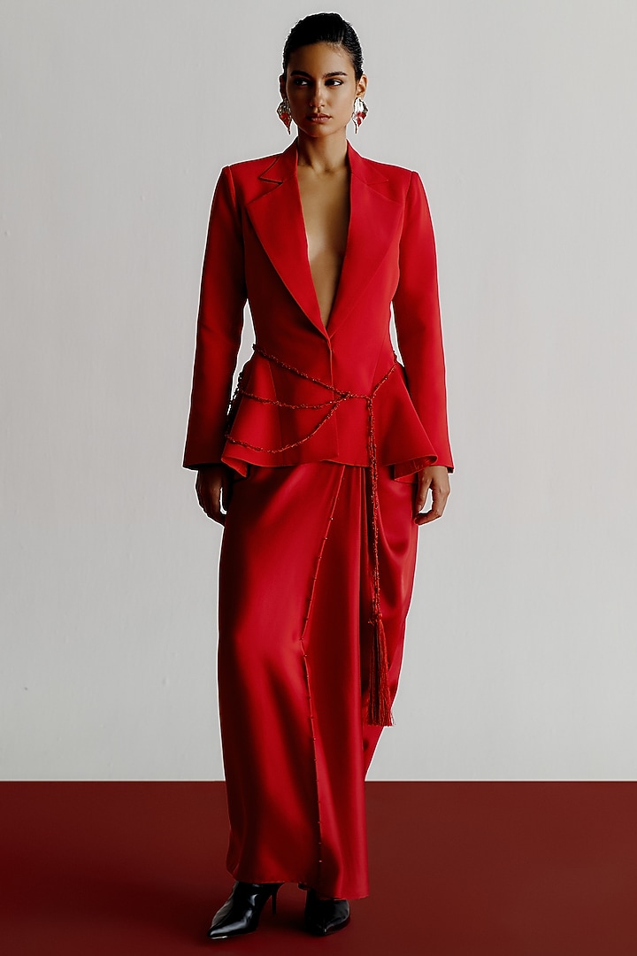 Red Race Crepe Structured Blazer by 431-88 By Shweta Kapur at Pernia's Pop Up Shop
