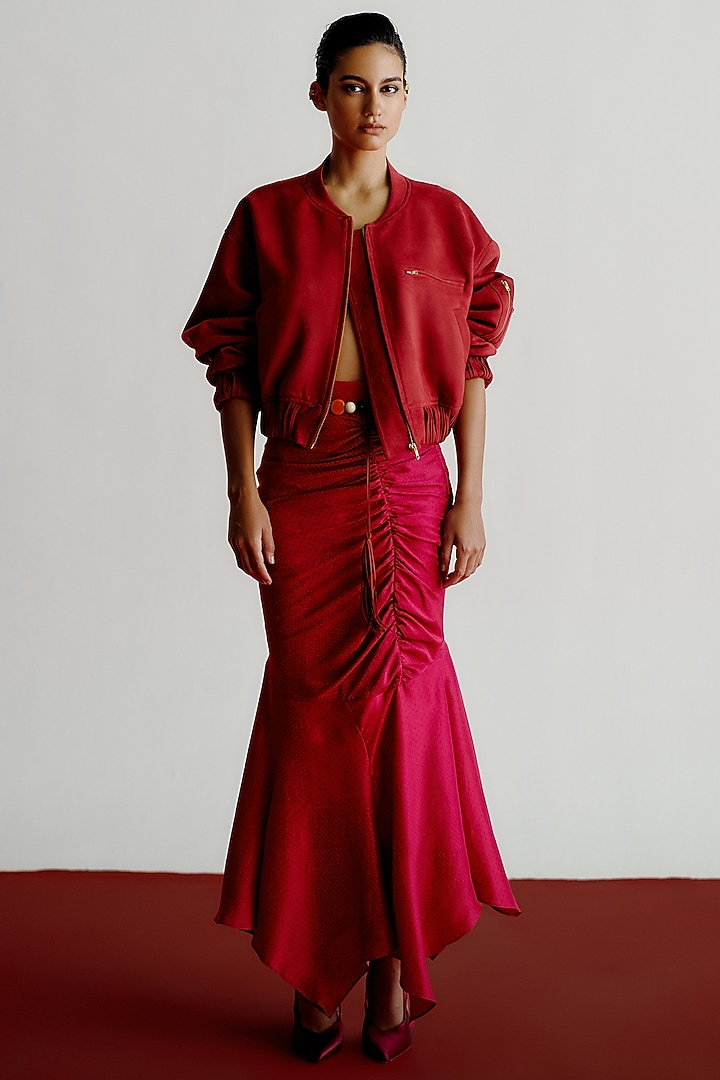 Red Suede Bomber Jacket by 431-88 By Shweta Kapur at Pernia's Pop Up Shop