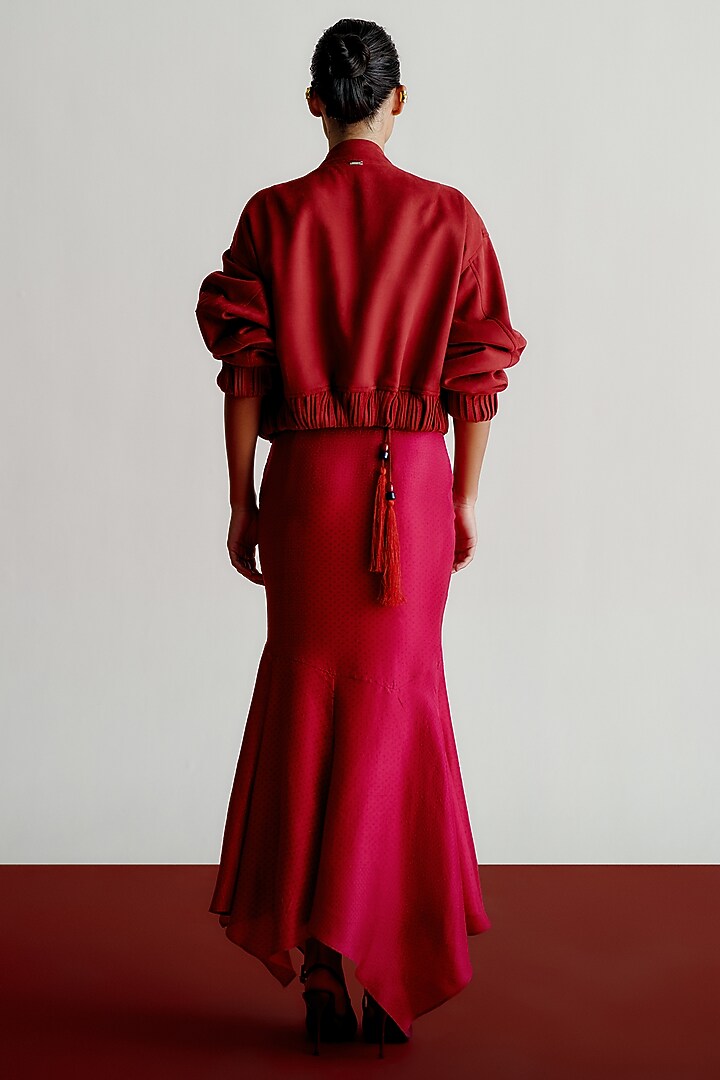Red Suede Bomber Jacket by 431-88 By Shweta Kapur at Pernia's Pop Up Shop