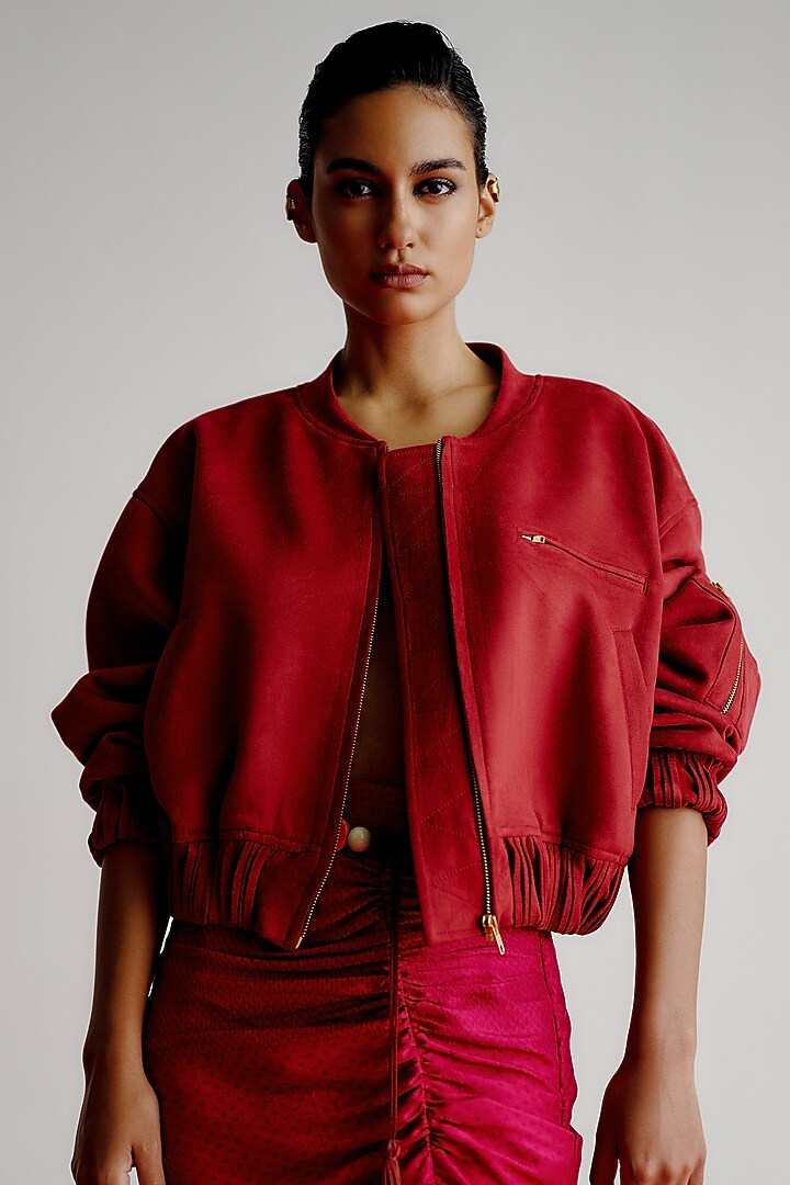 Red Suede Bomber Jacket by 431-88 By Shweta Kapur at Pernia's Pop Up Shop