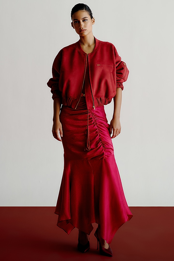 Red Suede Bomber Jacket by 431-88 By Shweta Kapur at Pernia's Pop Up Shop