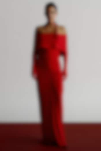 Red Korean jersey Off-Shoulder Maxi Vacation Dress by 431-88 By Shweta Kapur at Pernia's Pop Up Shop