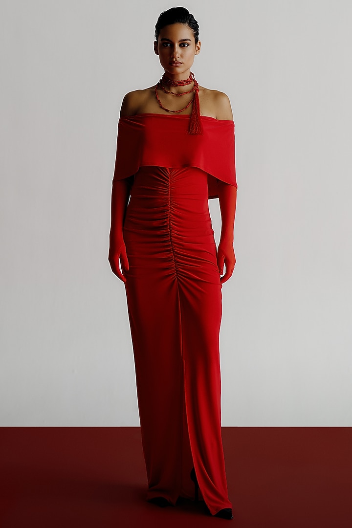 Red Korean jersey Off-Shoulder Maxi Vacation Dress by 431-88 By Shweta Kapur at Pernia's Pop Up Shop