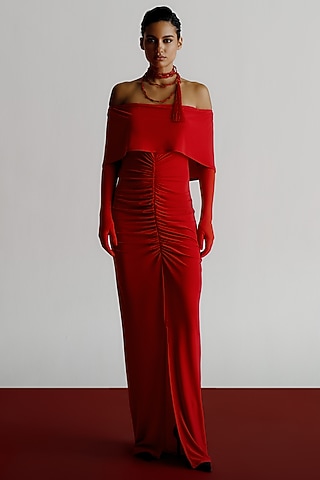 Red Korean jersey Off-Shoulder Maxi Dress by 431-88 By Shweta Kapur