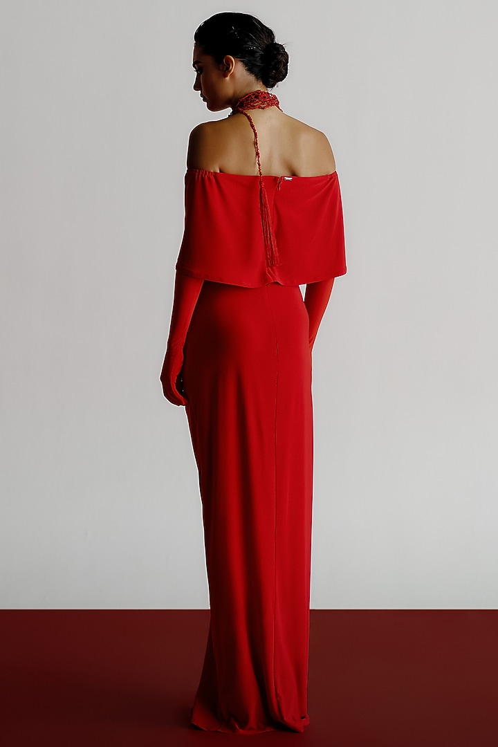 Red Korean jersey Off-Shoulder Maxi Vacation Dress by 431-88 By Shweta Kapur at Pernia's Pop Up Shop