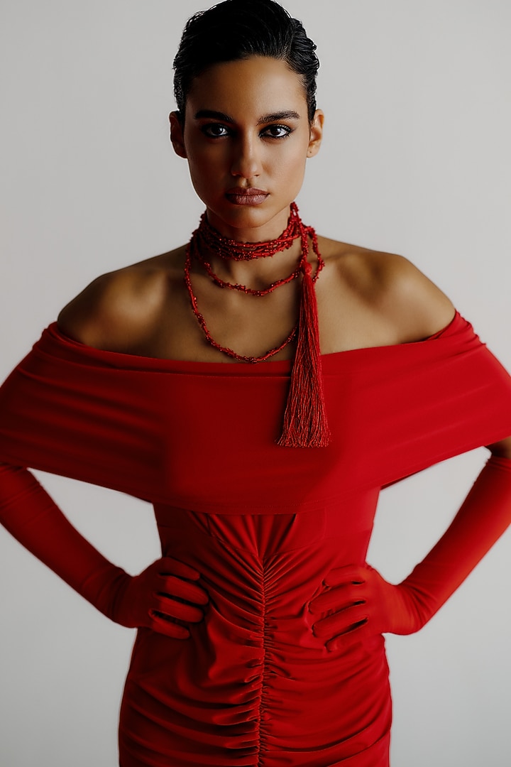 Red Korean jersey Off-Shoulder Maxi Vacation Dress by 431-88 By Shweta Kapur at Pernia's Pop Up Shop