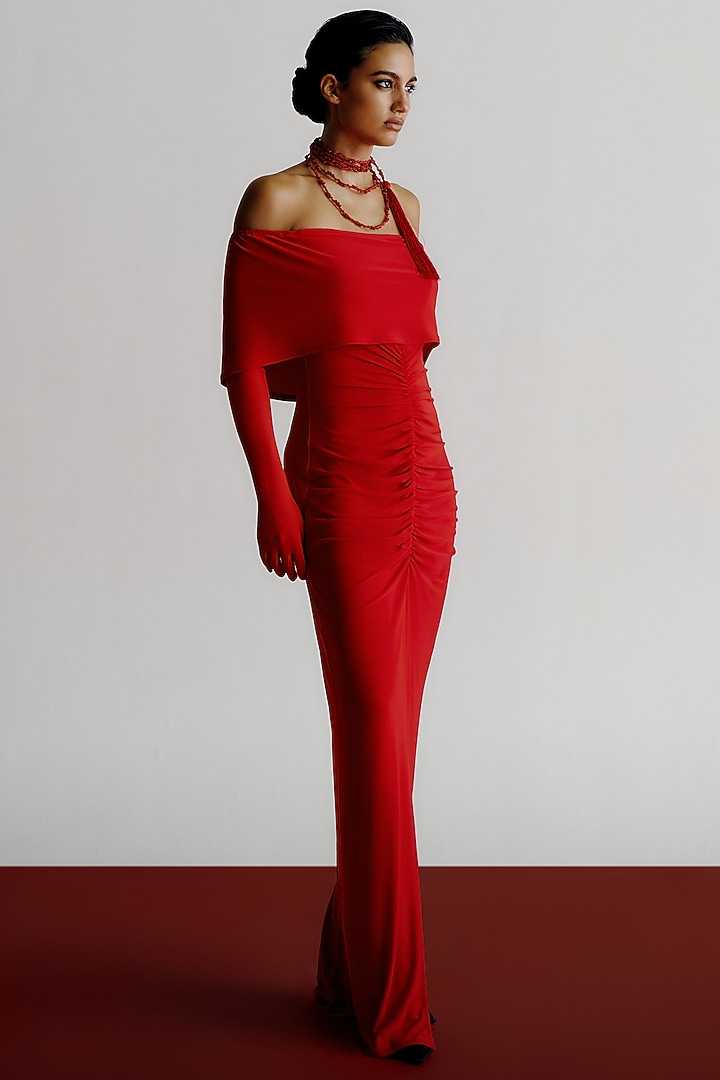 Red Korean jersey Off-Shoulder Maxi Vacation Dress by 431-88 By Shweta Kapur at Pernia's Pop Up Shop