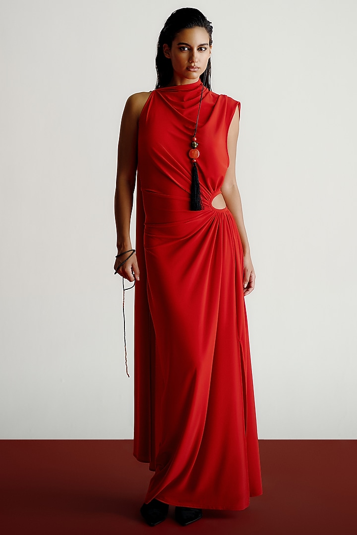 Red Korean jersey Draped Maxi Cocktail Dress by 431-88 By Shweta Kapur at Pernia's Pop Up Shop