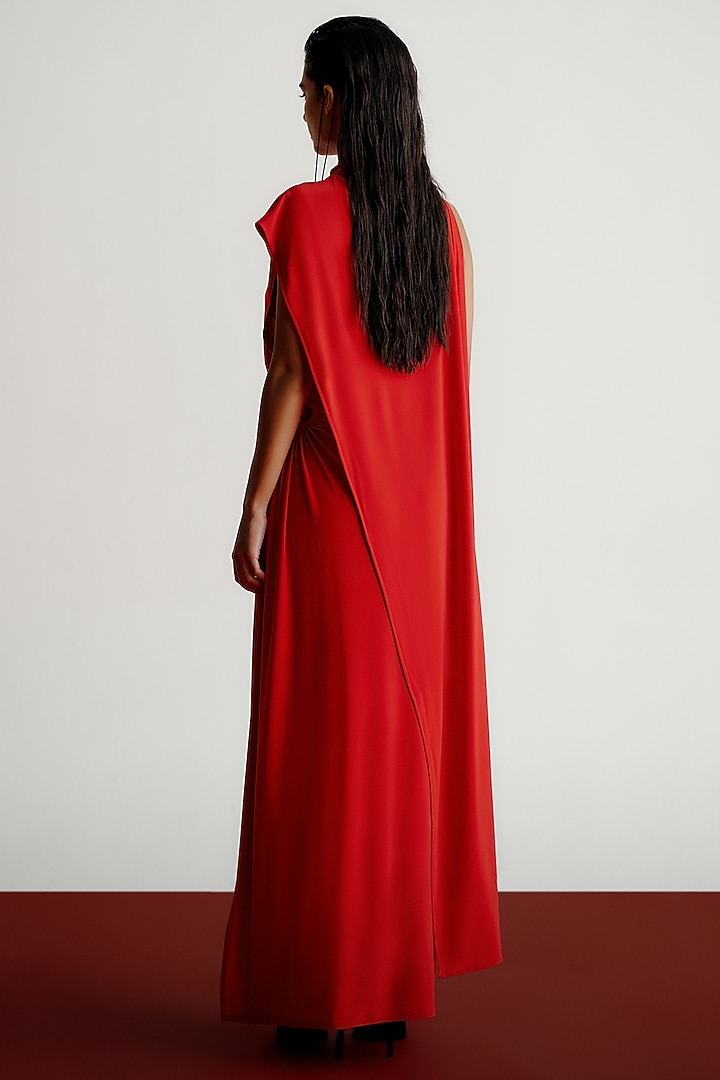 Red Korean jersey Draped Maxi Cocktail Dress by 431-88 By Shweta Kapur at Pernia's Pop Up Shop