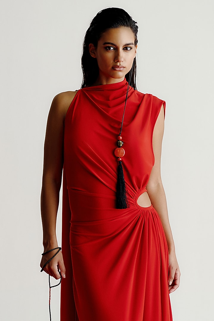 Red Korean jersey Draped Maxi Cocktail Dress by 431-88 By Shweta Kapur at Pernia's Pop Up Shop