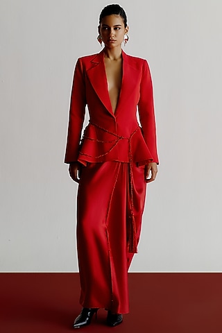Red Satin Crepe Dhoti Pants by 431-88 By Shweta Kapur