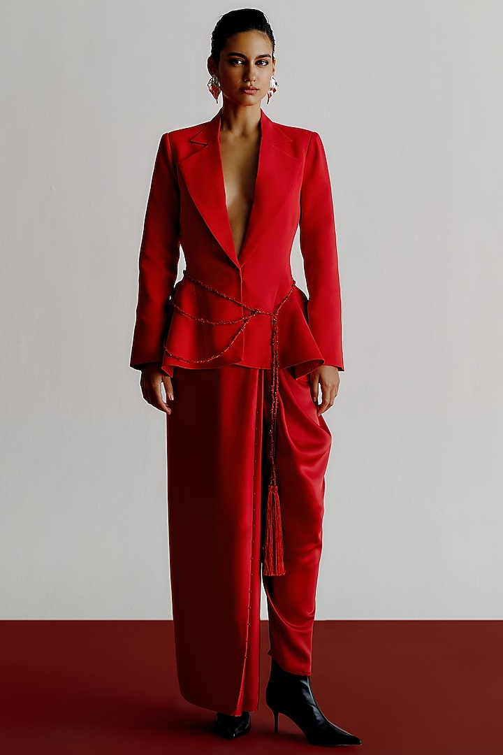 Red Satin Crepe Dhoti Pants by 431-88 By Shweta Kapur at Pernia's Pop Up Shop