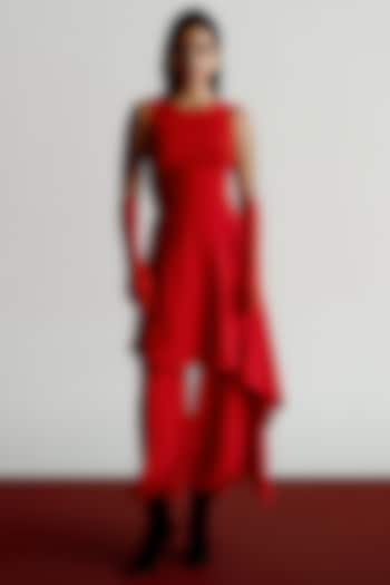 Red Satin Crepe Draped Dhoti Pants by 431-88 By Shweta Kapur at Pernia's Pop Up Shop