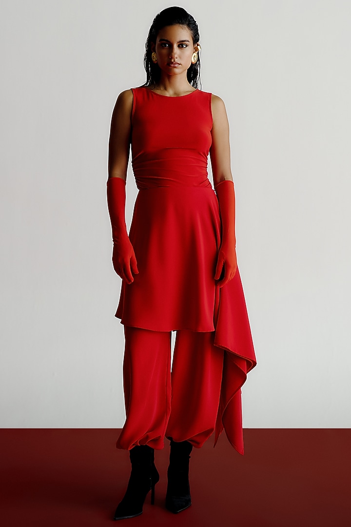 Red Satin Crepe Draped Dhoti Pants by 431-88 By Shweta Kapur at Pernia's Pop Up Shop