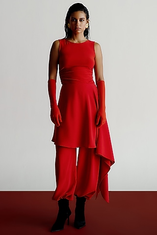 Red Satin Crepe Draped Dhoti Pants by 431-88 By Shweta Kapur