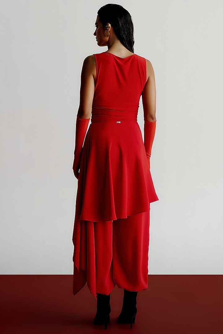 Red Satin Crepe Draped Dhoti Pants by 431-88 By Shweta Kapur at Pernia's Pop Up Shop