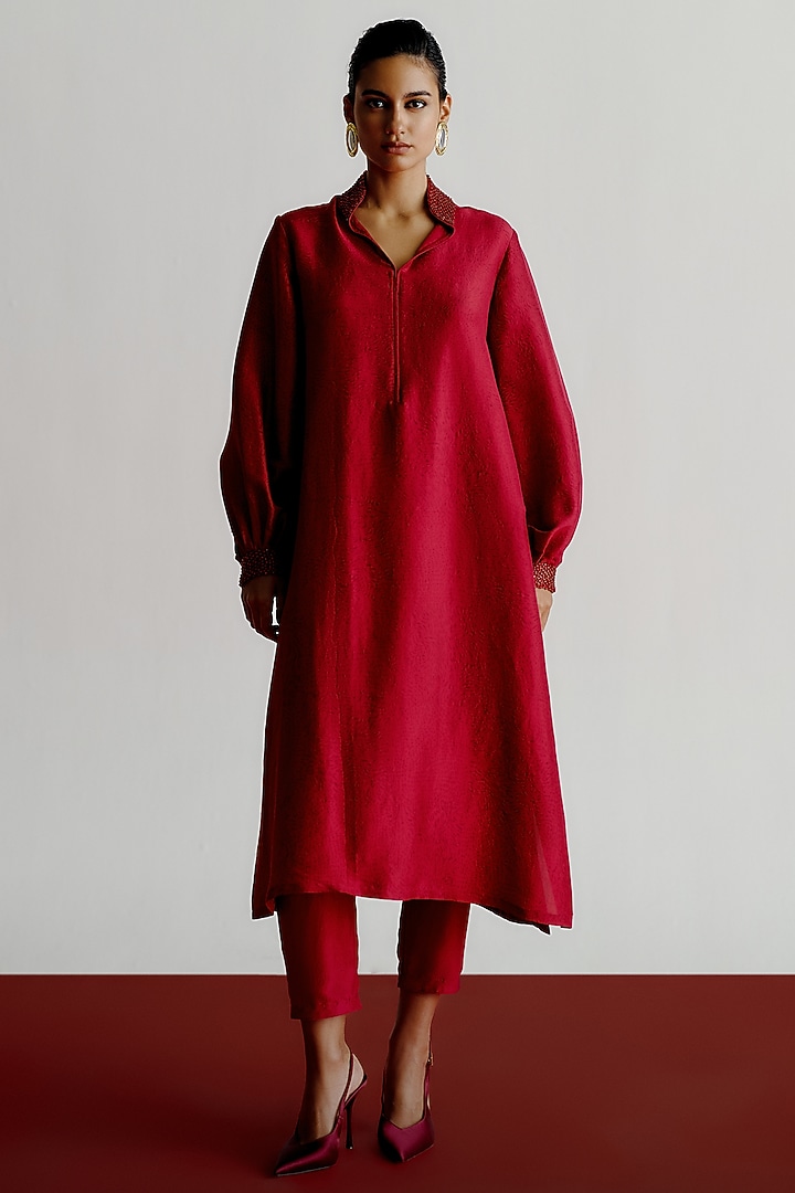 Cranberry Dupion Oversized Kurta Set by 431-88 By Shweta Kapur at Pernia's Pop Up Shop