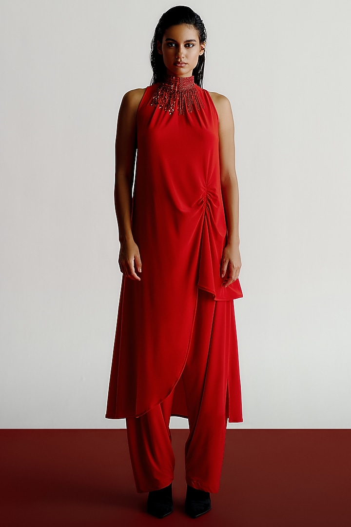Red Korean Jersey Halter Kurta Set by 431-88 By Shweta Kapur at Pernia's Pop Up Shop