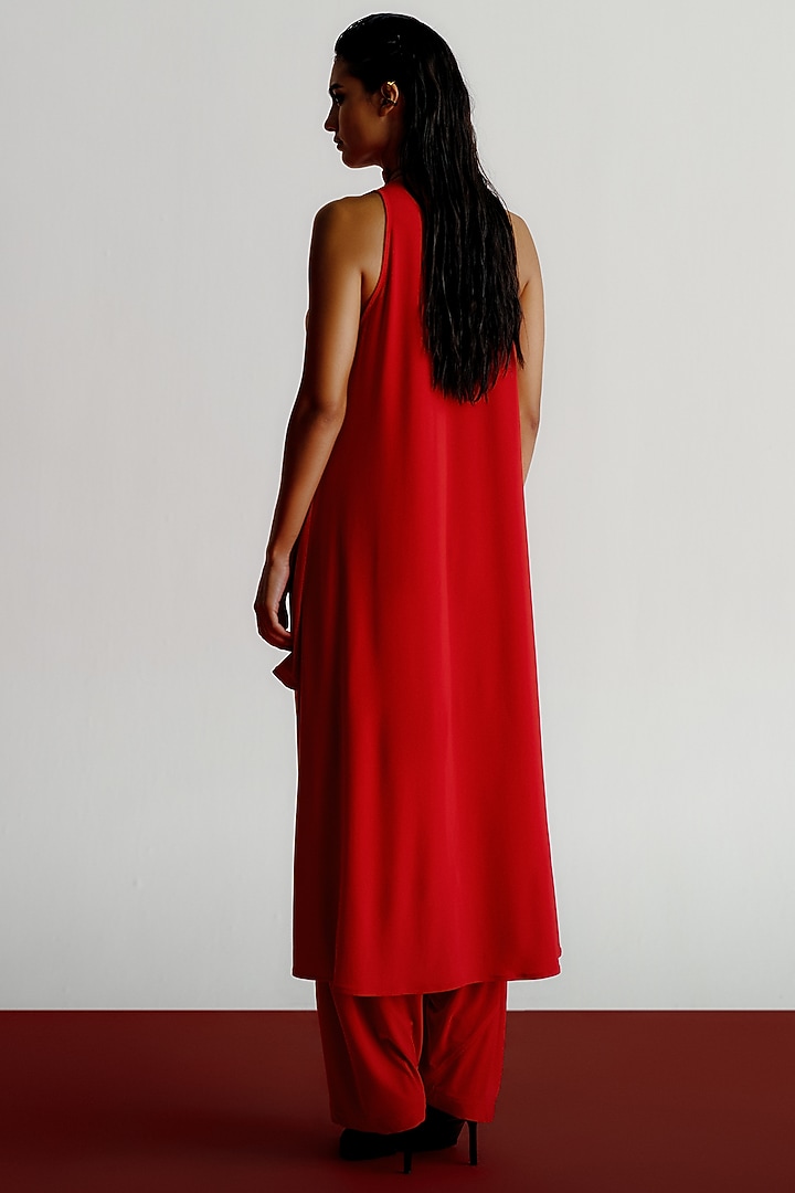 Red Korean Jersey Halter Kurta Set by 431-88 By Shweta Kapur at Pernia's Pop Up Shop