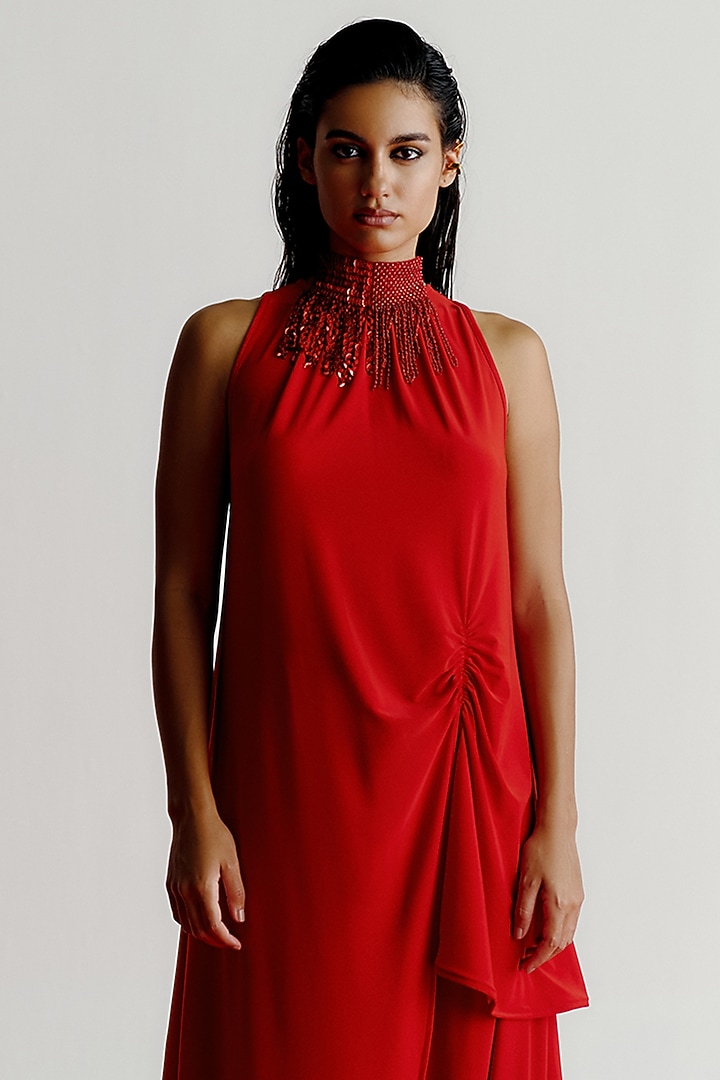Red Korean Jersey Halter Kurta Set by 431-88 By Shweta Kapur at Pernia's Pop Up Shop