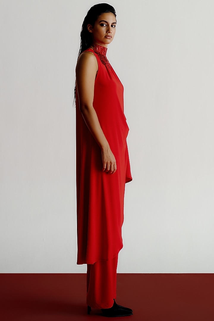 Red Korean Jersey Halter Kurta Set by 431-88 By Shweta Kapur at Pernia's Pop Up Shop