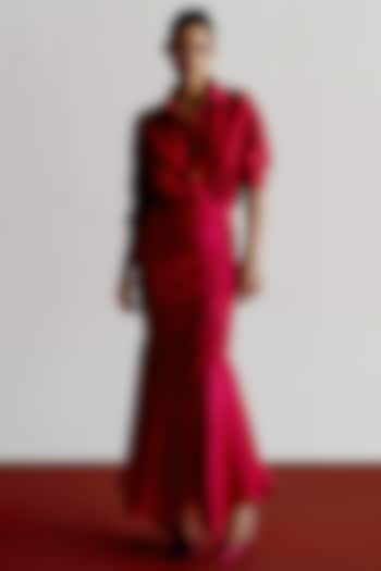 Cranberry Dupion Asymmetric Skirt by 431-88 By Shweta Kapur at Pernia's Pop Up Shop