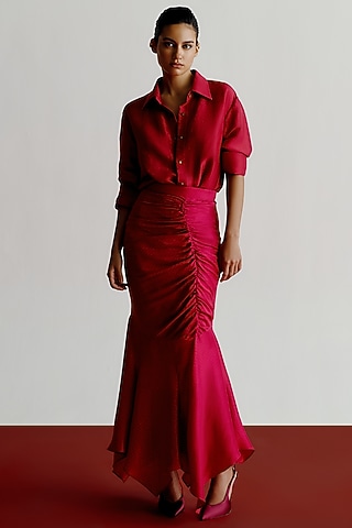 Cranberry Dupion Asymmetric Skirt by 431-88 By Shweta Kapur