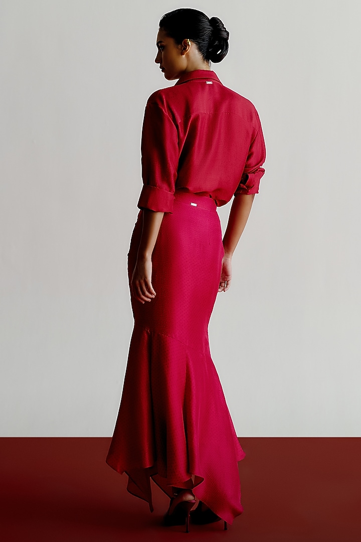 Cranberry Dupion Asymmetric Skirt by 431-88 By Shweta Kapur at Pernia's Pop Up Shop