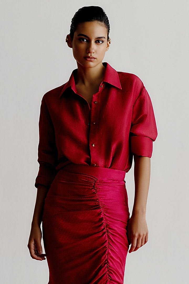 Cranberry Dupion Asymmetric Skirt by 431-88 By Shweta Kapur at Pernia's Pop Up Shop