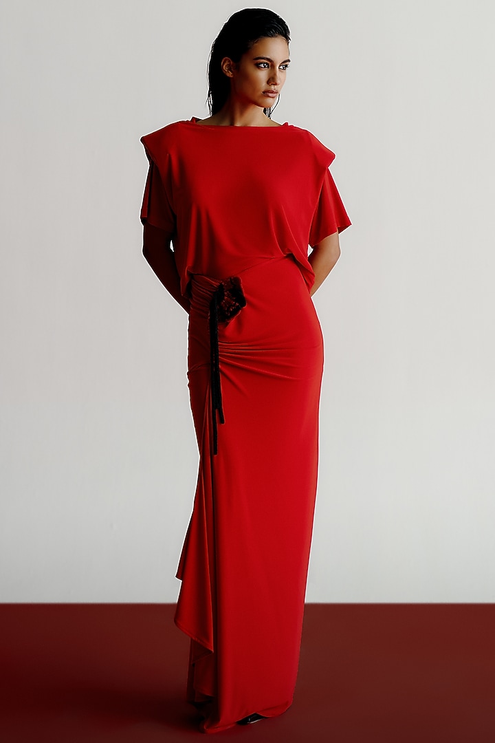Red Korean Jersey Draped Maxi Skirt by 431-88 By Shweta Kapur at Pernia's Pop Up Shop