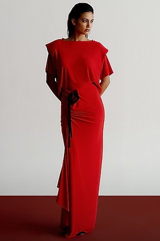 Red Korean Jersey Draped Maxi Skirt by 431-88 By Shweta Kapur