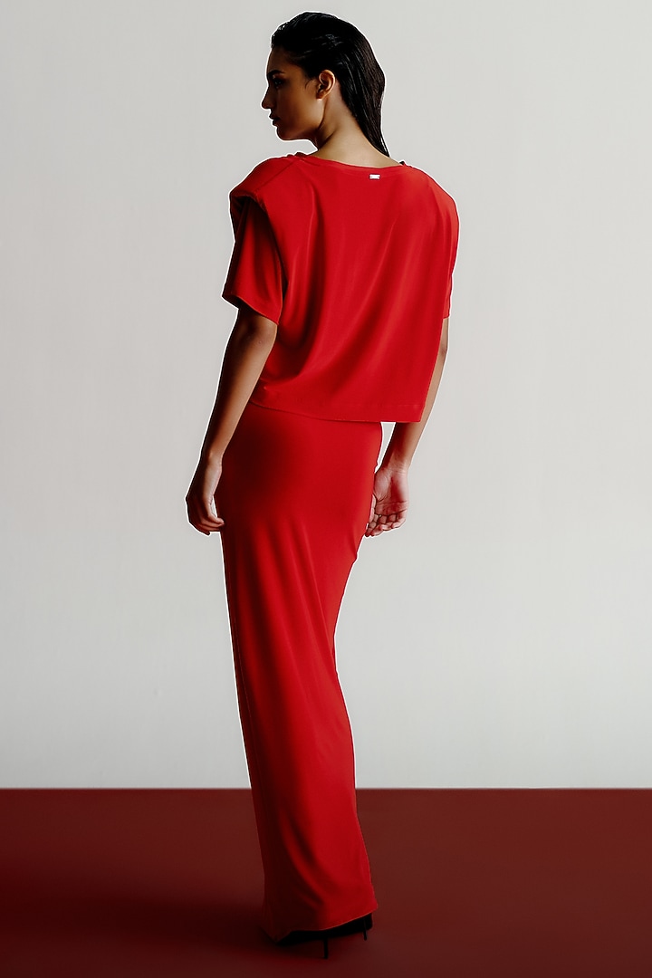 Red Korean Jersey Draped Maxi Skirt by 431-88 By Shweta Kapur at Pernia's Pop Up Shop