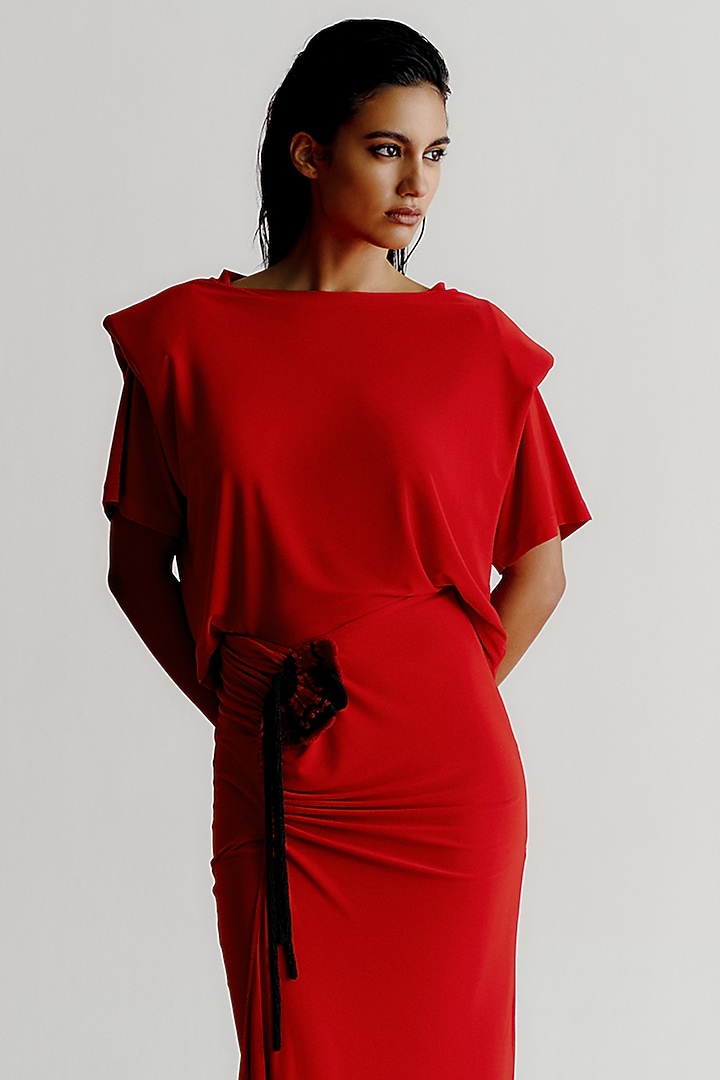 Red Korean Jersey Draped Maxi Skirt by 431-88 By Shweta Kapur at Pernia's Pop Up Shop