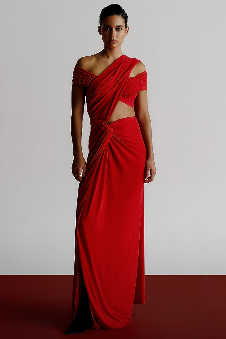 Red Korean Jersey Pre-Stitched Wedding Saree by 431-88 By Shweta Kapur at Pernia's Pop Up Shop