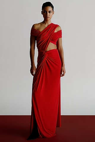 Red Korean Jersey Pre-Stitched Saree by 431-88 By Shweta Kapur