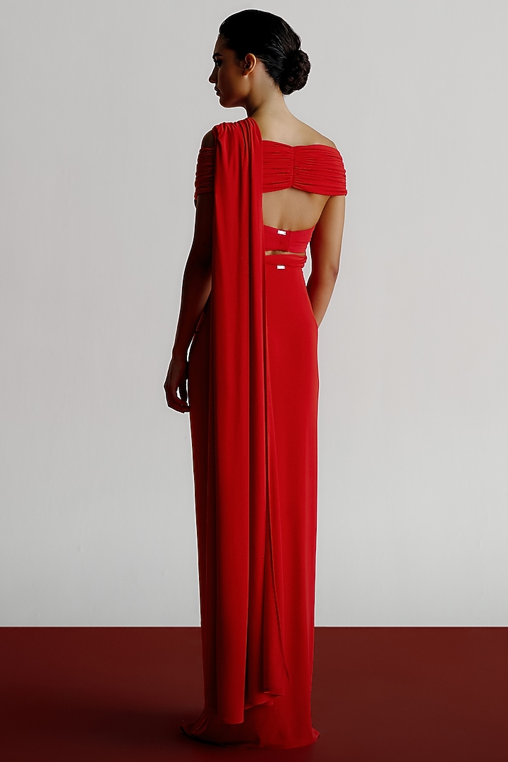 Red Korean Jersey Pre-Stitched Wedding Saree by 431-88 By Shweta Kapur at Pernia's Pop Up Shop