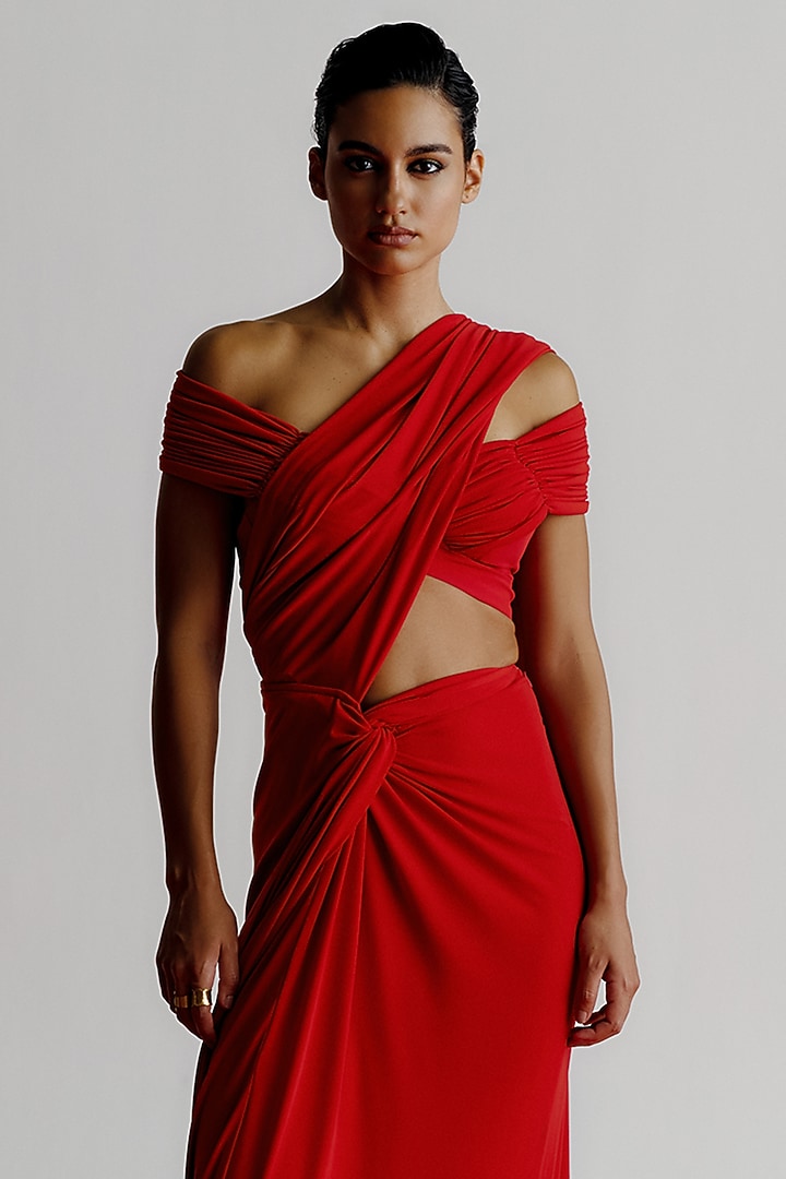 Red Korean Jersey Pre-Stitched Wedding Saree by 431-88 By Shweta Kapur at Pernia's Pop Up Shop