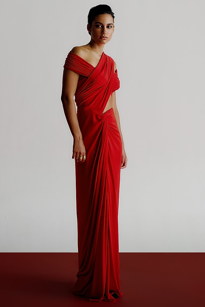 Red Korean Jersey Pre-Stitched Wedding Saree by 431-88 By Shweta Kapur at Pernia's Pop Up Shop