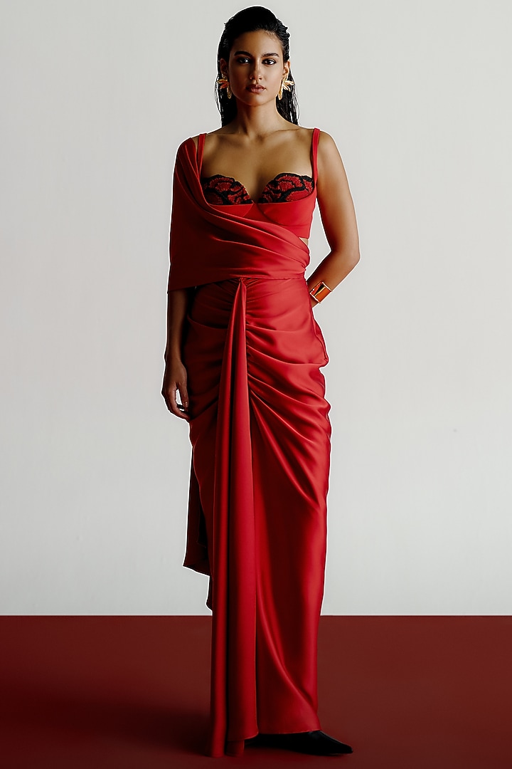 Red Satin Crepe Pre-Stitched Wedding Saree by 431-88 By Shweta Kapur at Pernia's Pop Up Shop