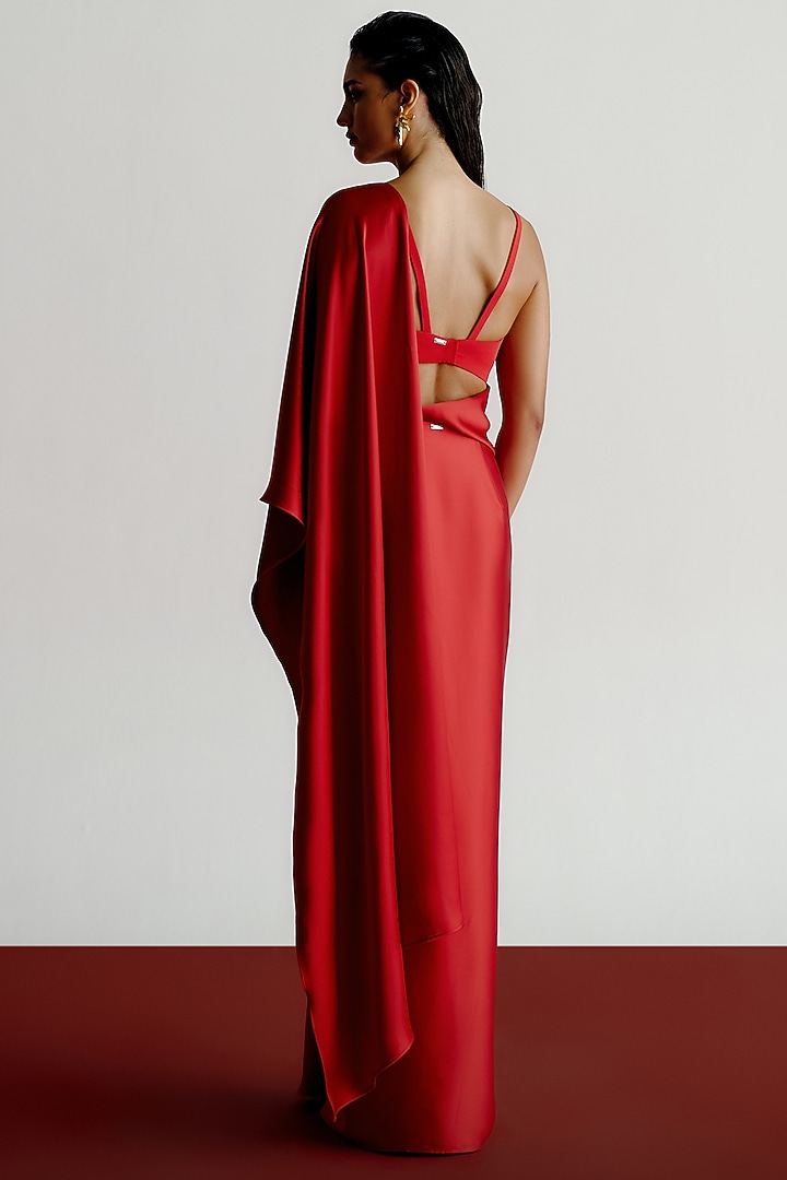 Red Satin Crepe Pre-Stitched Wedding Saree by 431-88 By Shweta Kapur at Pernia's Pop Up Shop
